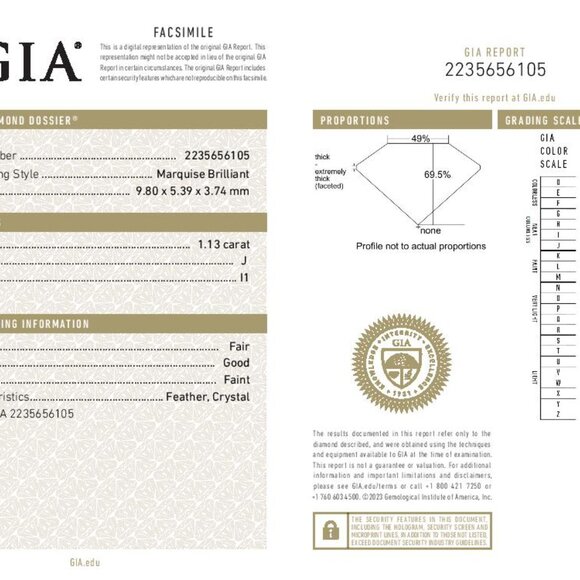 Loose Diamond - Marquise 1.13ct GIA J I1 Solitaire - Picture 4 of 4